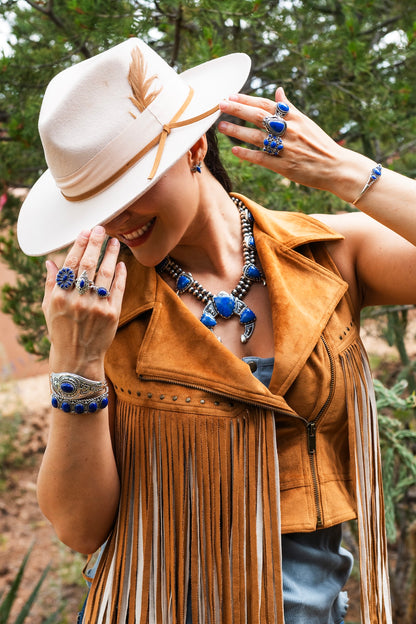 Sterling Silver Lapis Gemstone Squash Blossom Statement Necklace, 18 to 21 Inches