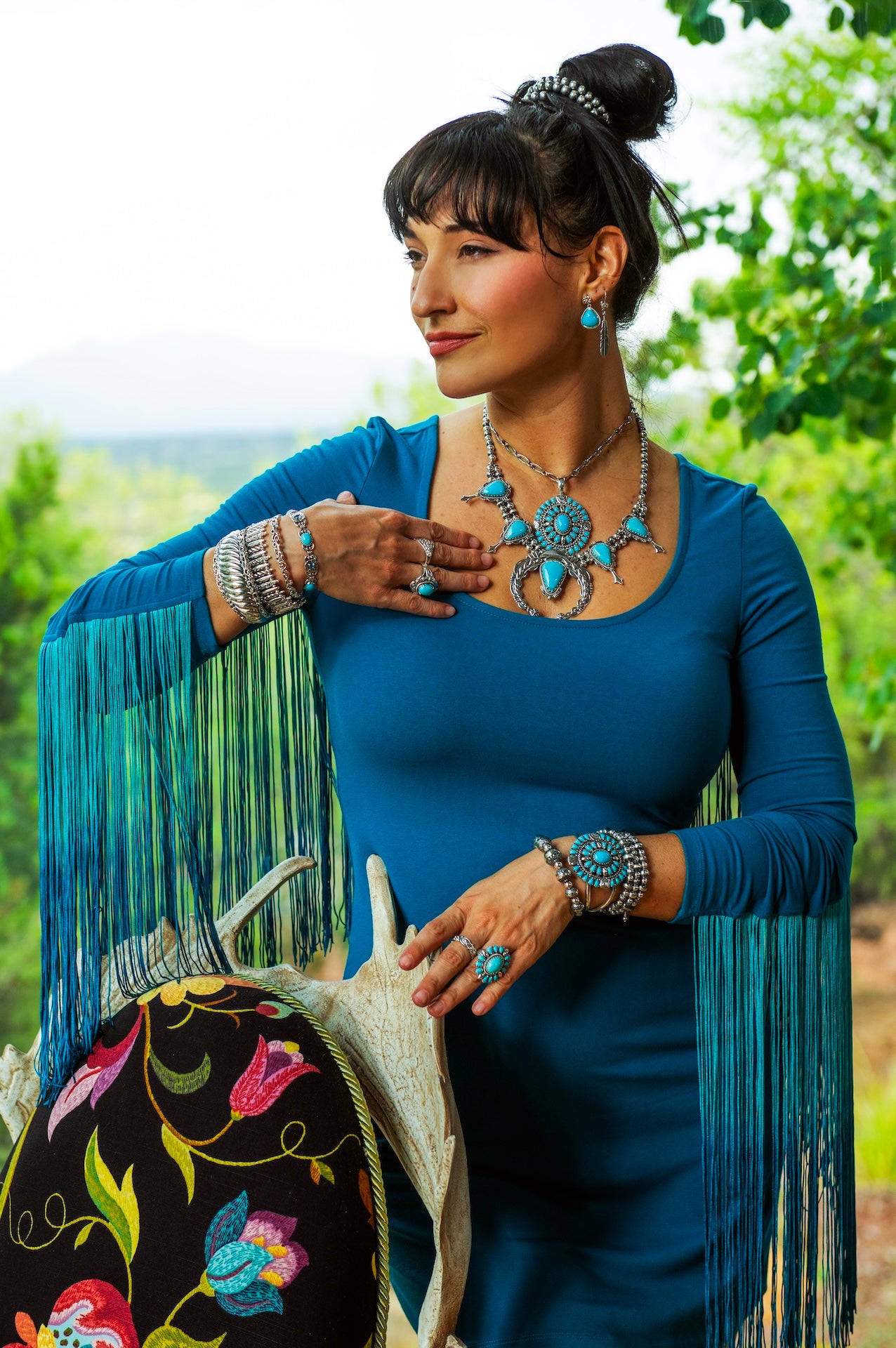 LIMITED EDITION! Sterling Silver Kingman Turquoise Squash Blossom Naja Necklace, 17 to 20 Inches