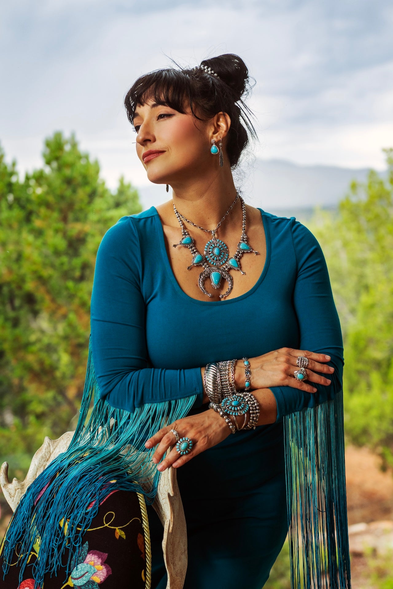 LIMITED EDITION! Sterling Silver Kingman Turquoise Squash Blossom Naja Necklace, 17 to 20 Inches