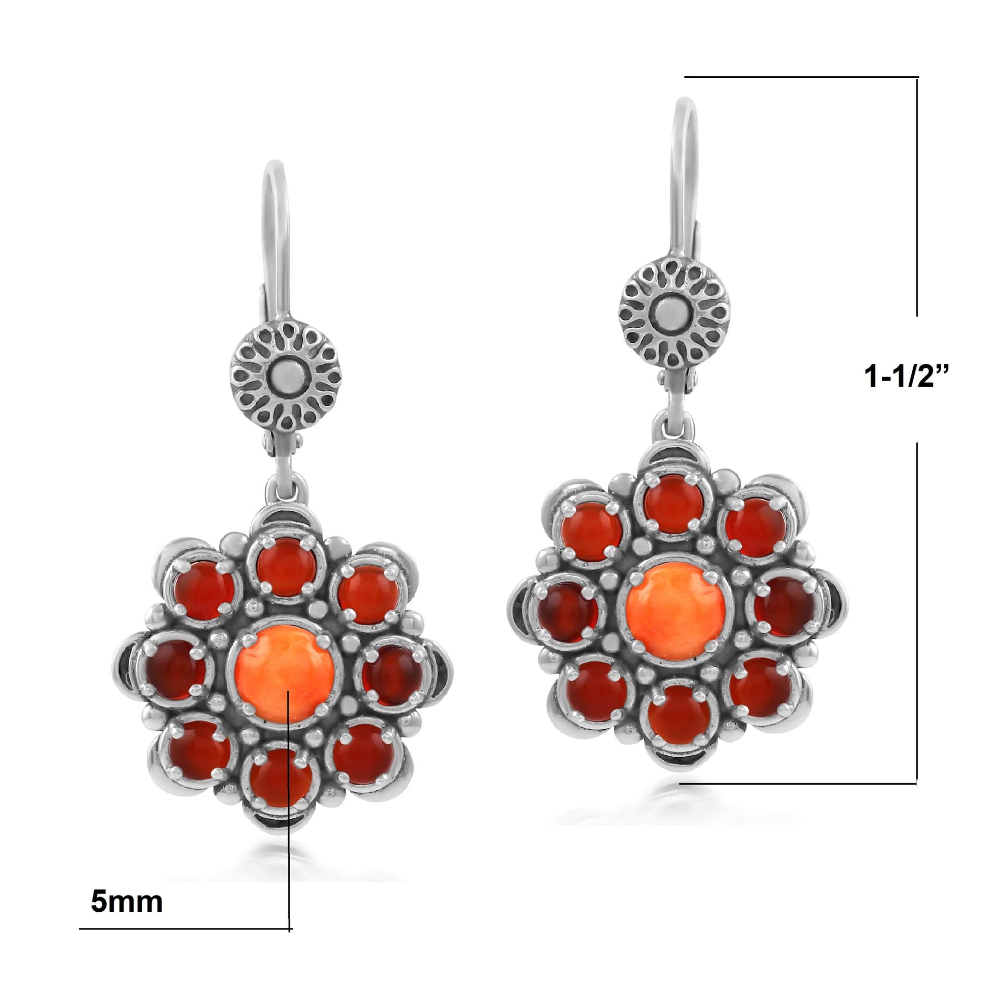 Sterling Silver Orange Spiny Oyster and Red Onyx Flower Cluster Earrings