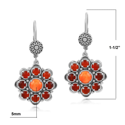 Sterling Silver Orange Spiny Oyster and Red Onyx Flower Cluster Earrings