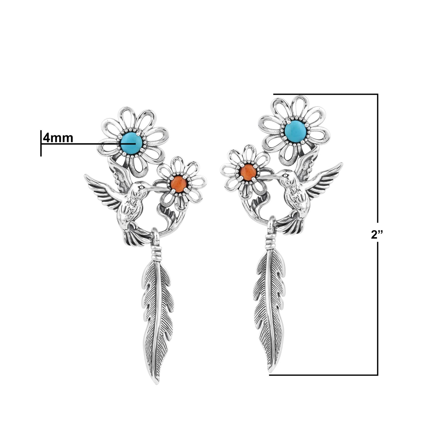 Sterling Silver Kingman Turquoise and Orange Spiny Oyster Fritz Casuse Hummingbird Flower Earrings 