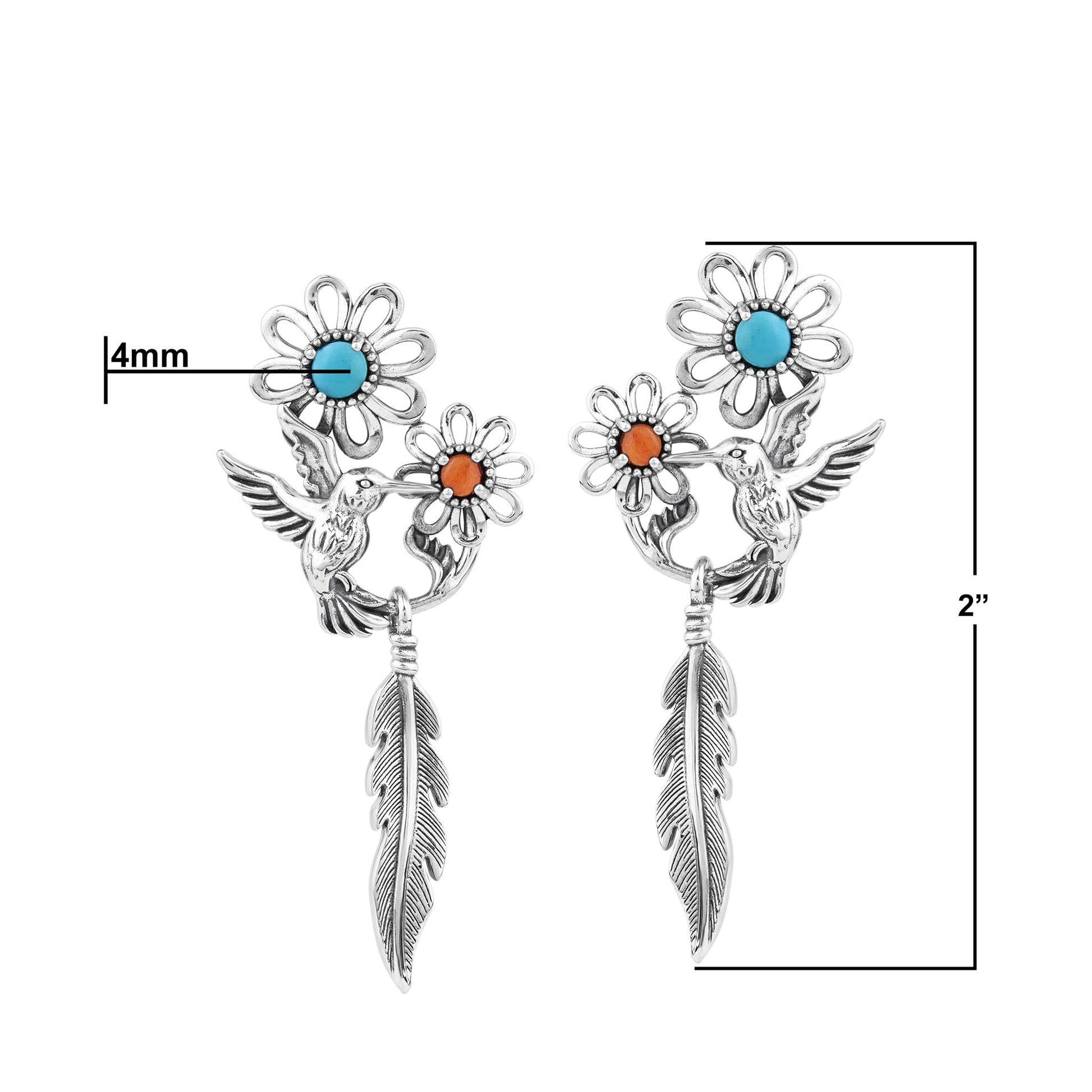 Sterling Silver Kingman Turquoise and Orange Spiny Oyster Fritz Casuse Hummingbird Flower Earrings 