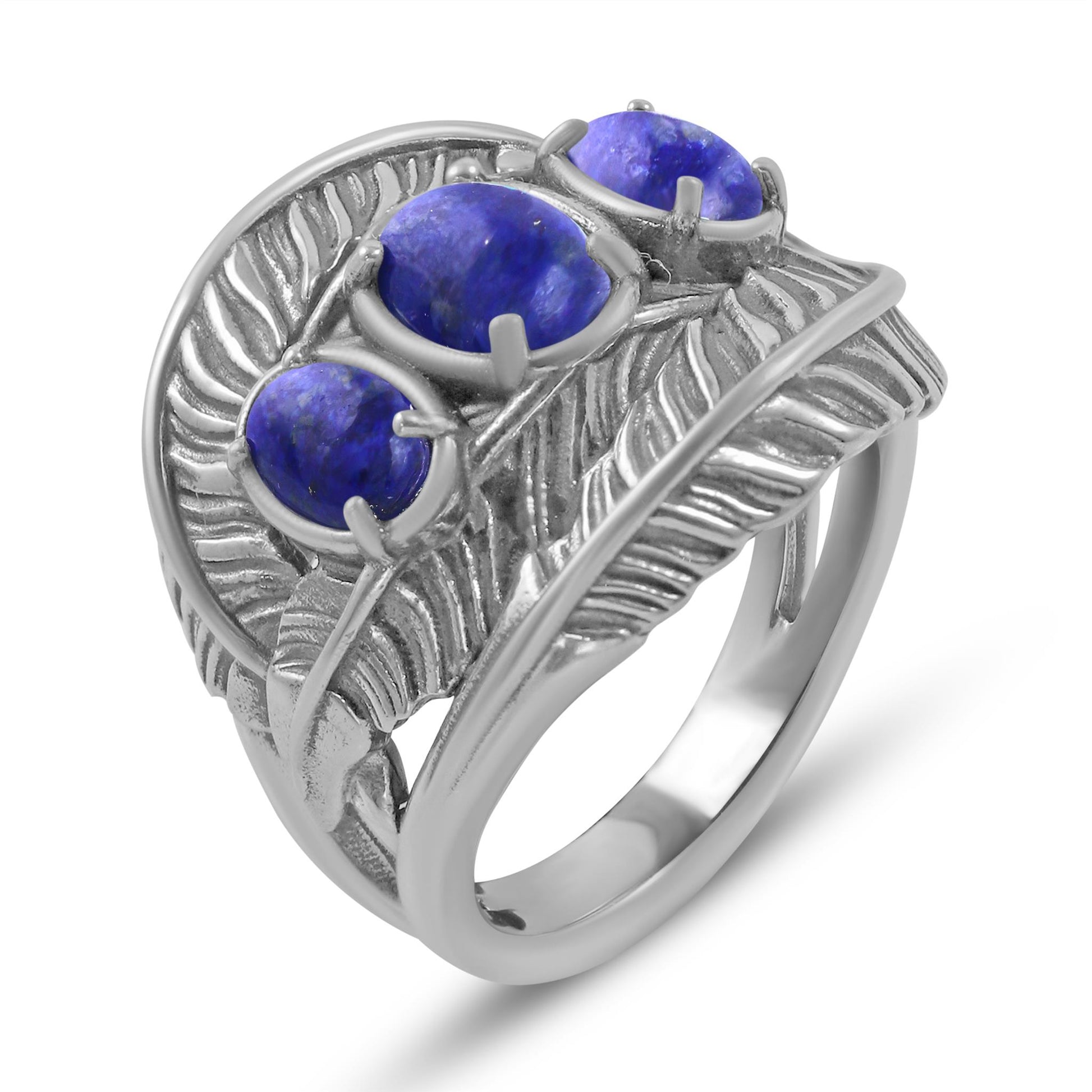 Sterling Silver Lapis Three-Stone Oval Cut Feather Ring