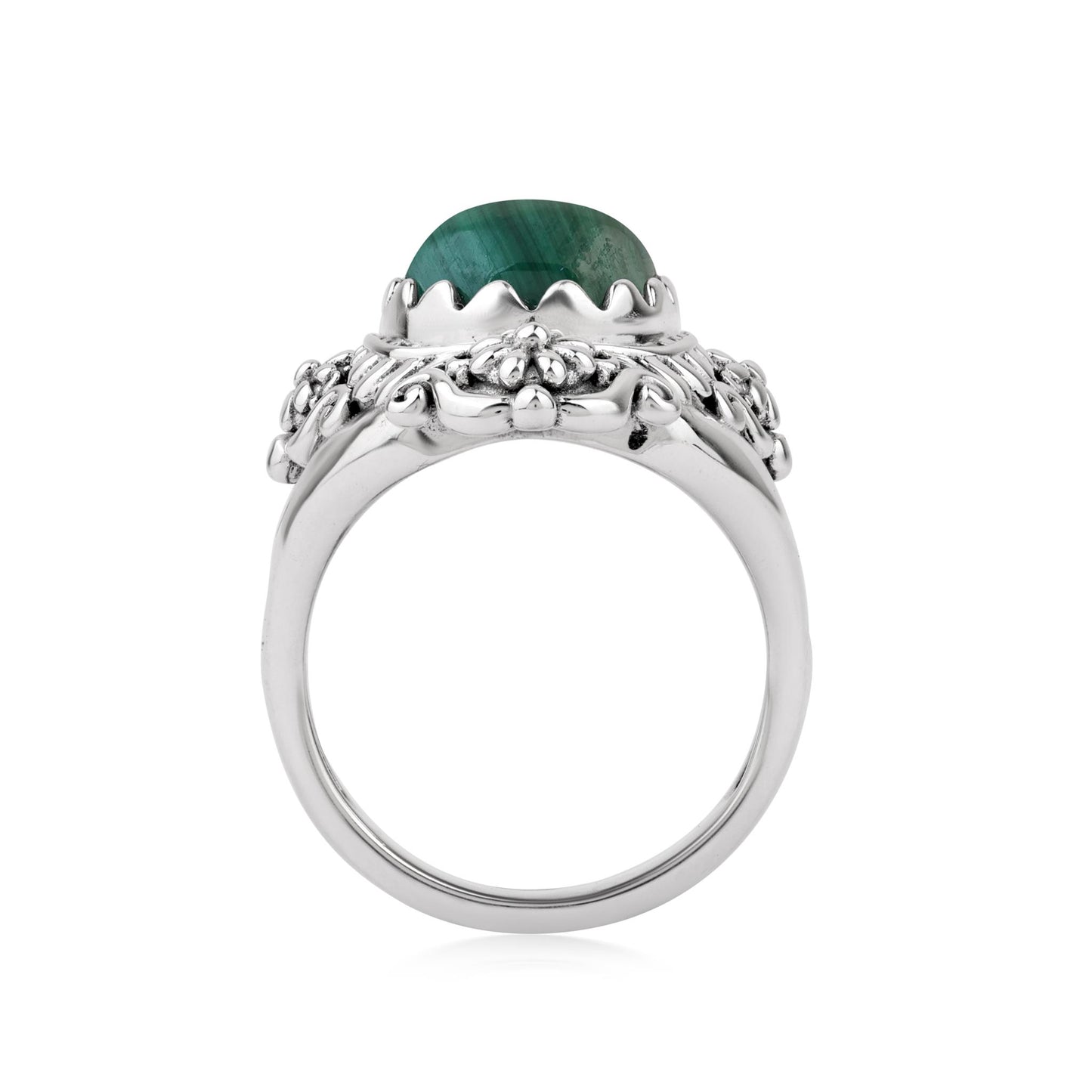  Sterling Silver Malachite Oval Scalloped Concha Ring