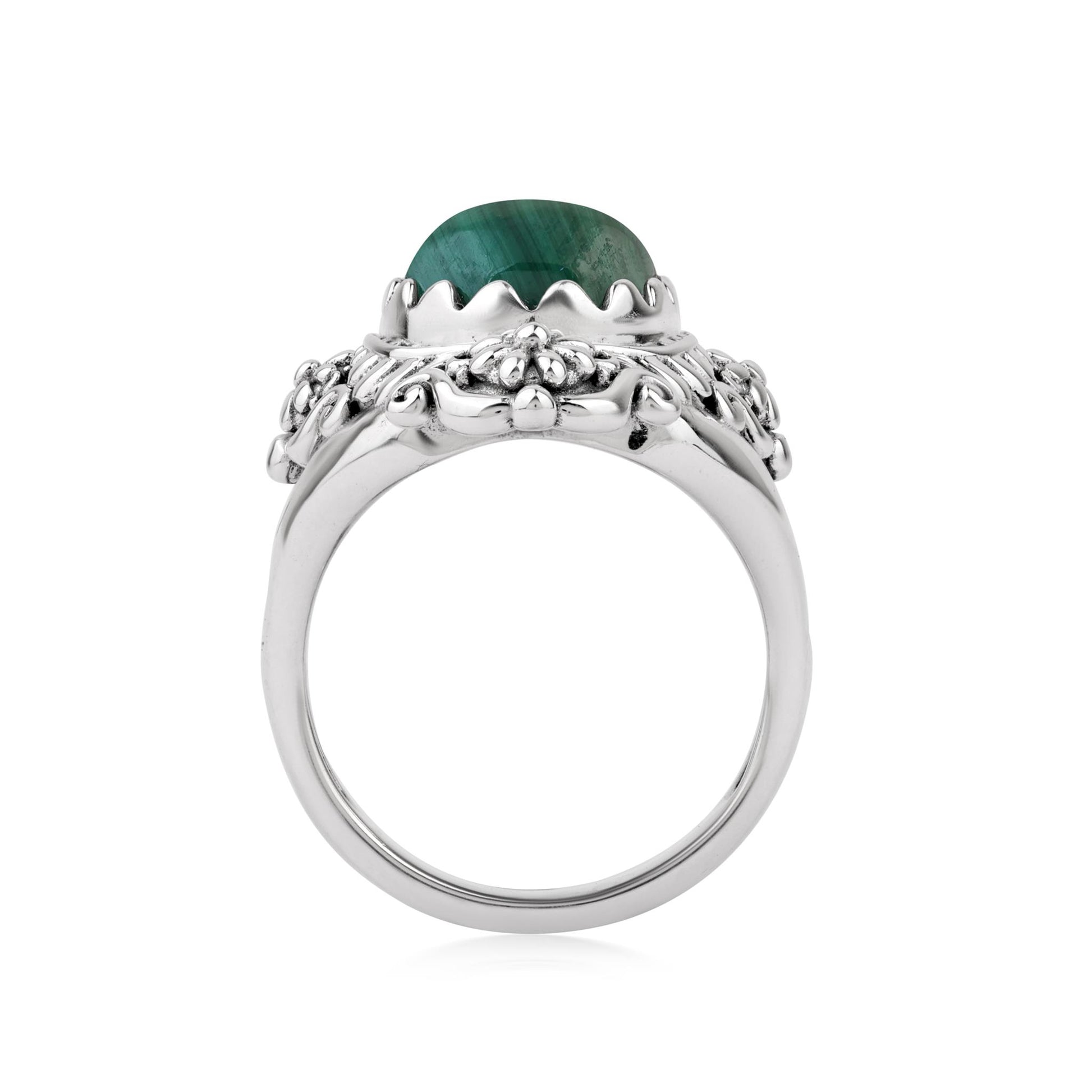  Sterling Silver Malachite Oval Scalloped Concha Ring