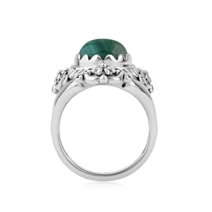  Sterling Silver Malachite Oval Scalloped Concha Ring