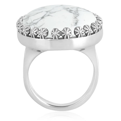 Sterling Silver White Howlite Concha Flower Border Oval Cut Ring