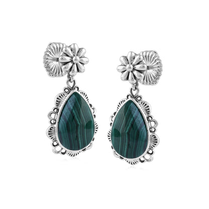  Sterling Silver Malachite Pear-Cut Concha Dangle Earrings