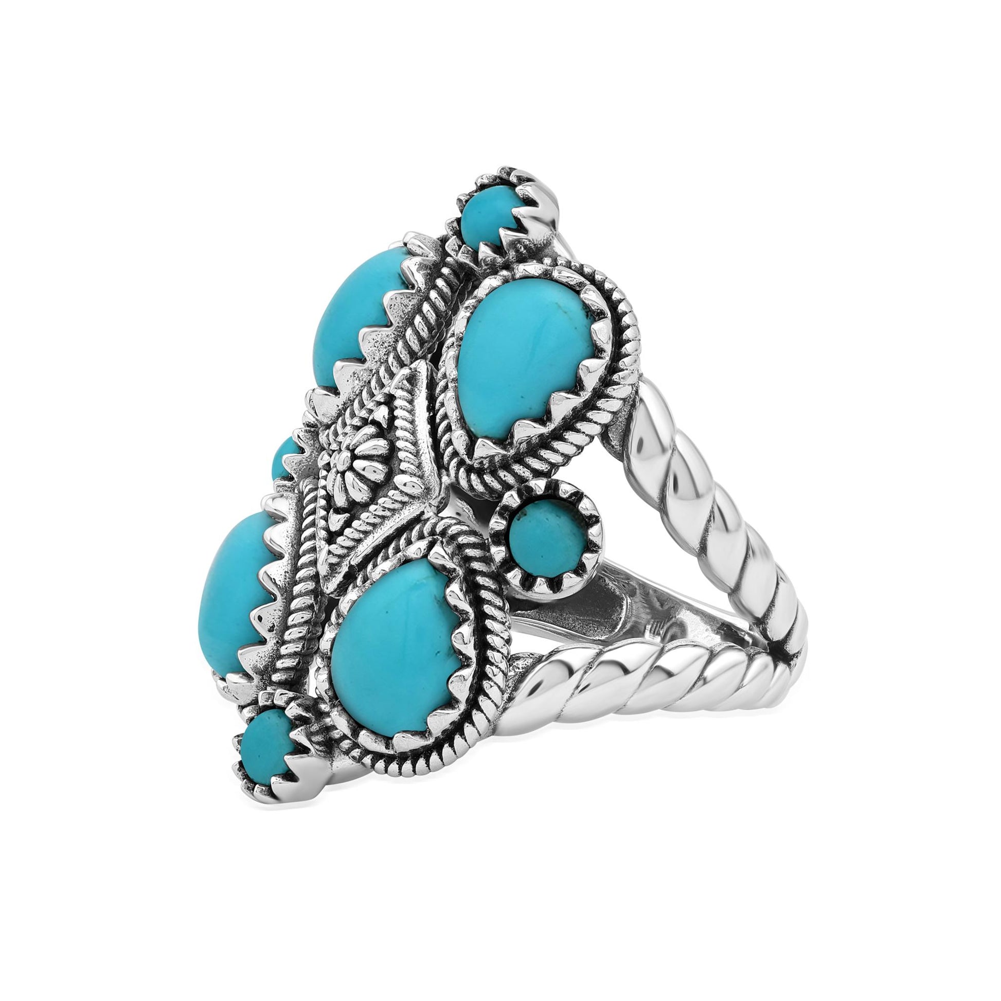 Sterling Silver Sleeping Beauty Turquoise 4 Pear and Round Cut Cluster Ring