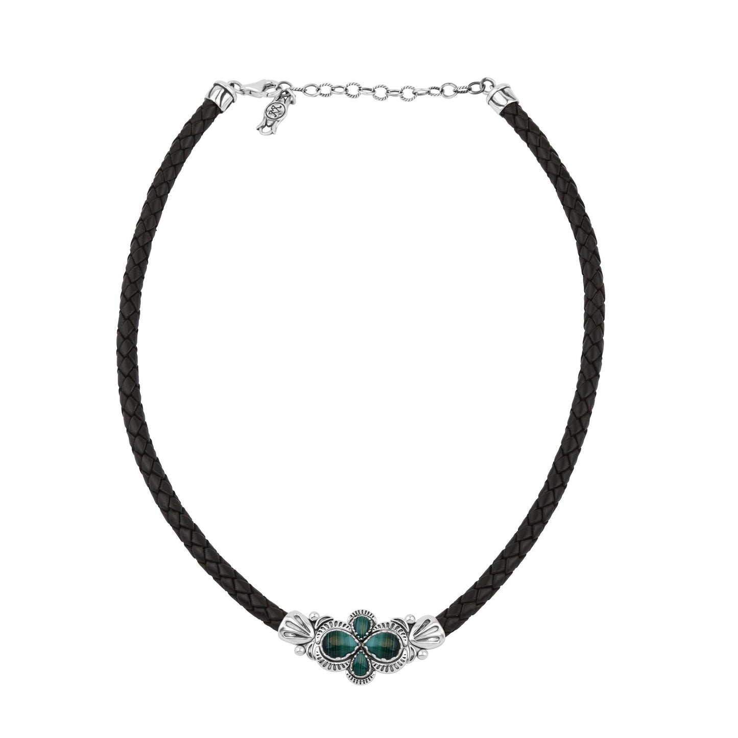  Sterling Silver Malachite Pear Cluster Black Leather Necklace