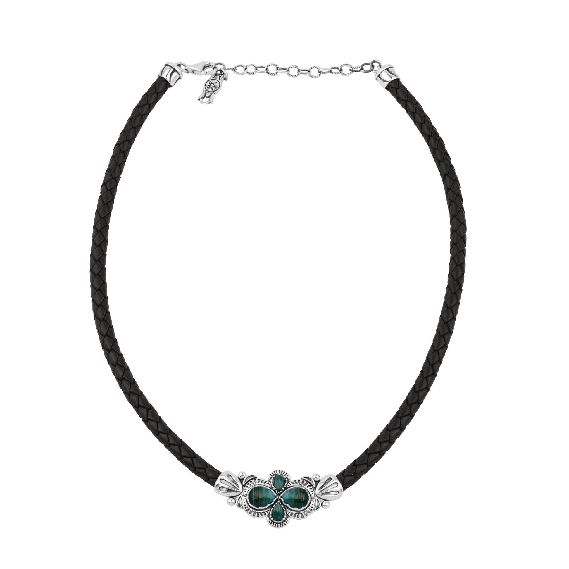  Sterling Silver Malachite Pear Cluster Black Leather Necklace