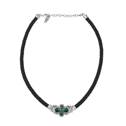  Sterling Silver Malachite Pear Cluster Black Leather Necklace