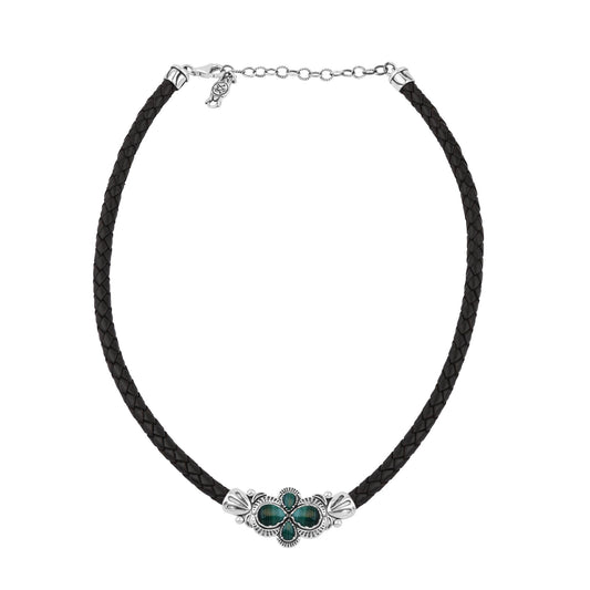  Sterling Silver Malachite Pear Cluster Black Leather Necklace