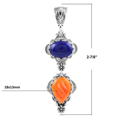 Sterling Silver Pear and Oval Lapis and Orange Spiny Oyster Linear Pendant Enhancer 