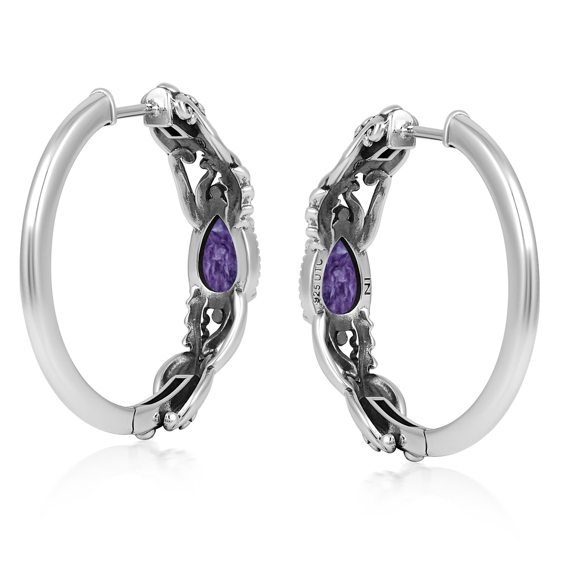 Sterling Silver Charoite Vine and Leaf Hoop Earrings