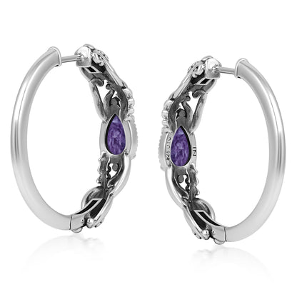 Sterling Silver Charoite Vine and Leaf Hoop Earrings