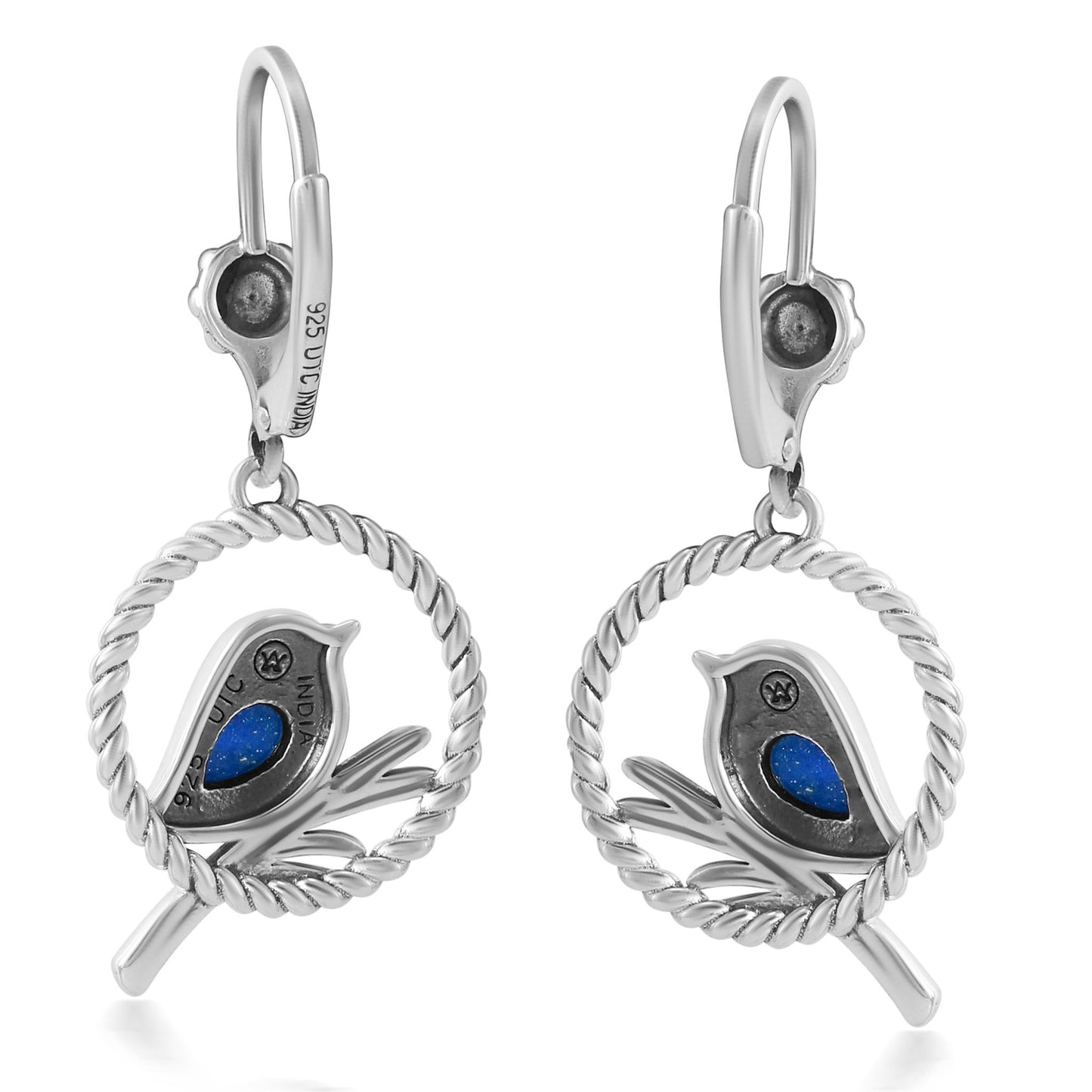 EXCLUSIVELY OURS! Sterling Silver Lapis Bird and Branch Open Circle Dangle Earrings