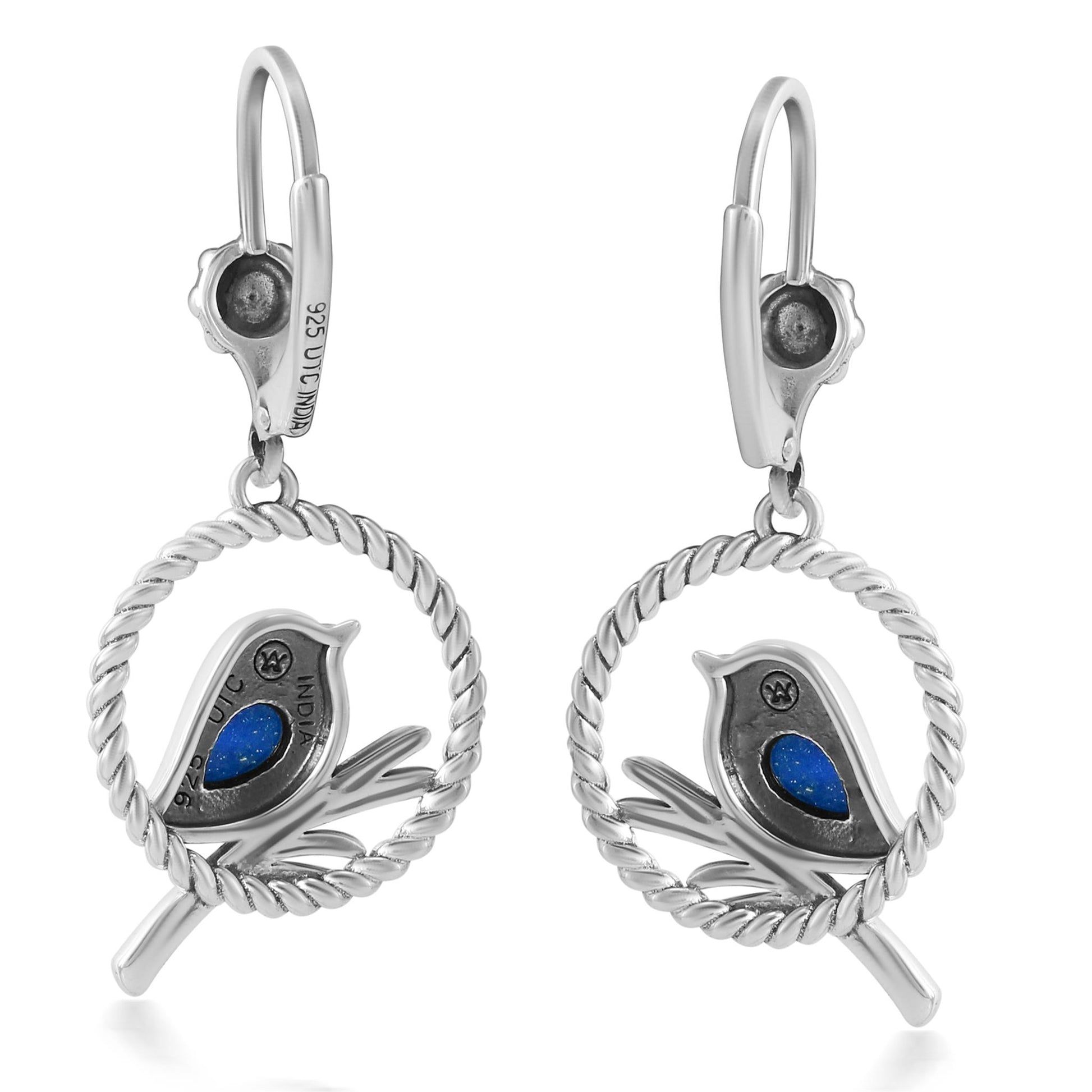 EXCLUSIVELY OURS! Sterling Silver Lapis Bird and Branch Open Circle Dangle Earrings
