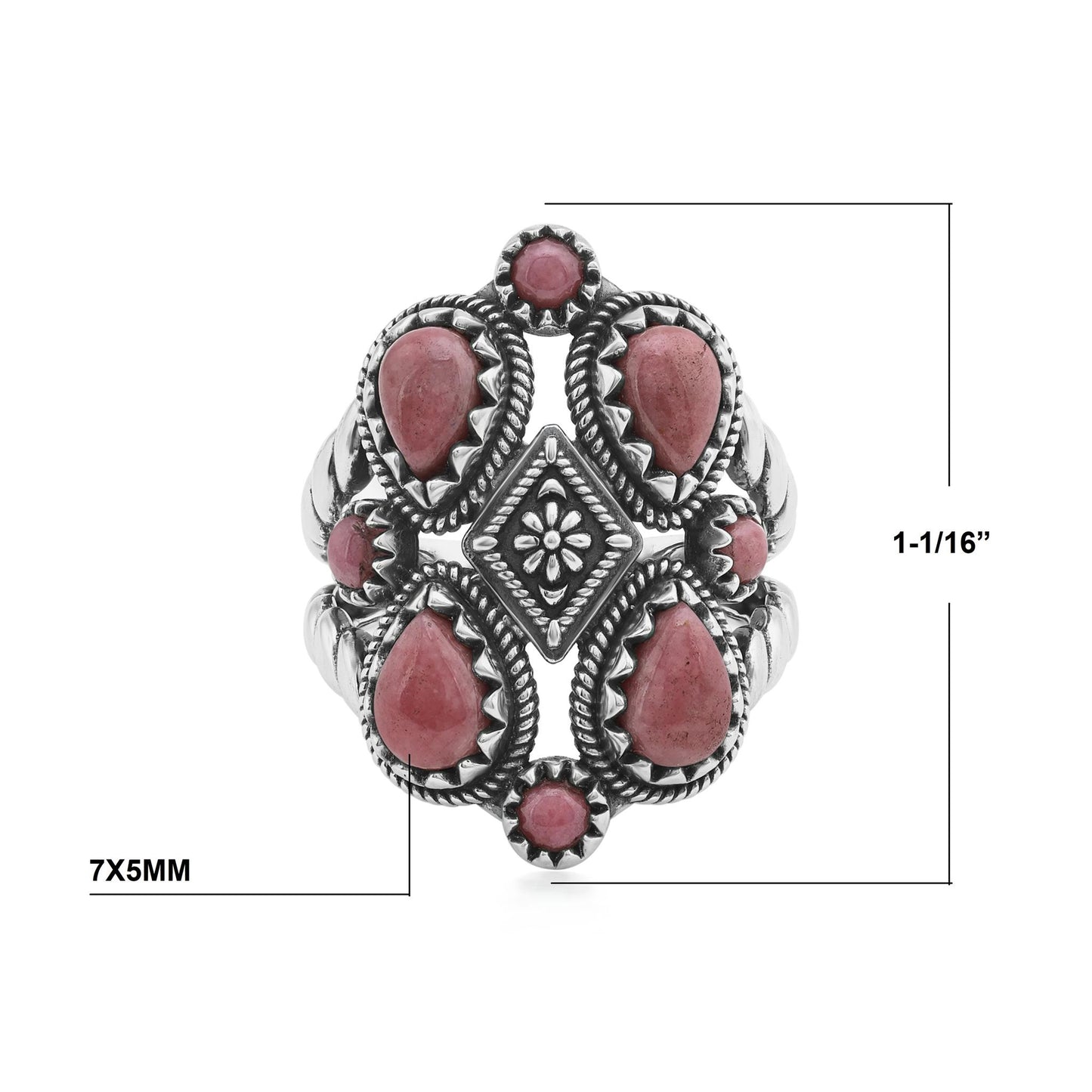 Sterling Silver Rhodonite 4 Pear and Round Cut Cluster Ring