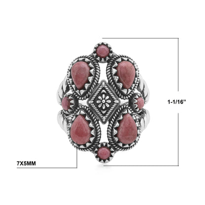 Sterling Silver Rhodonite 4 Pear and Round Cut Cluster Ring