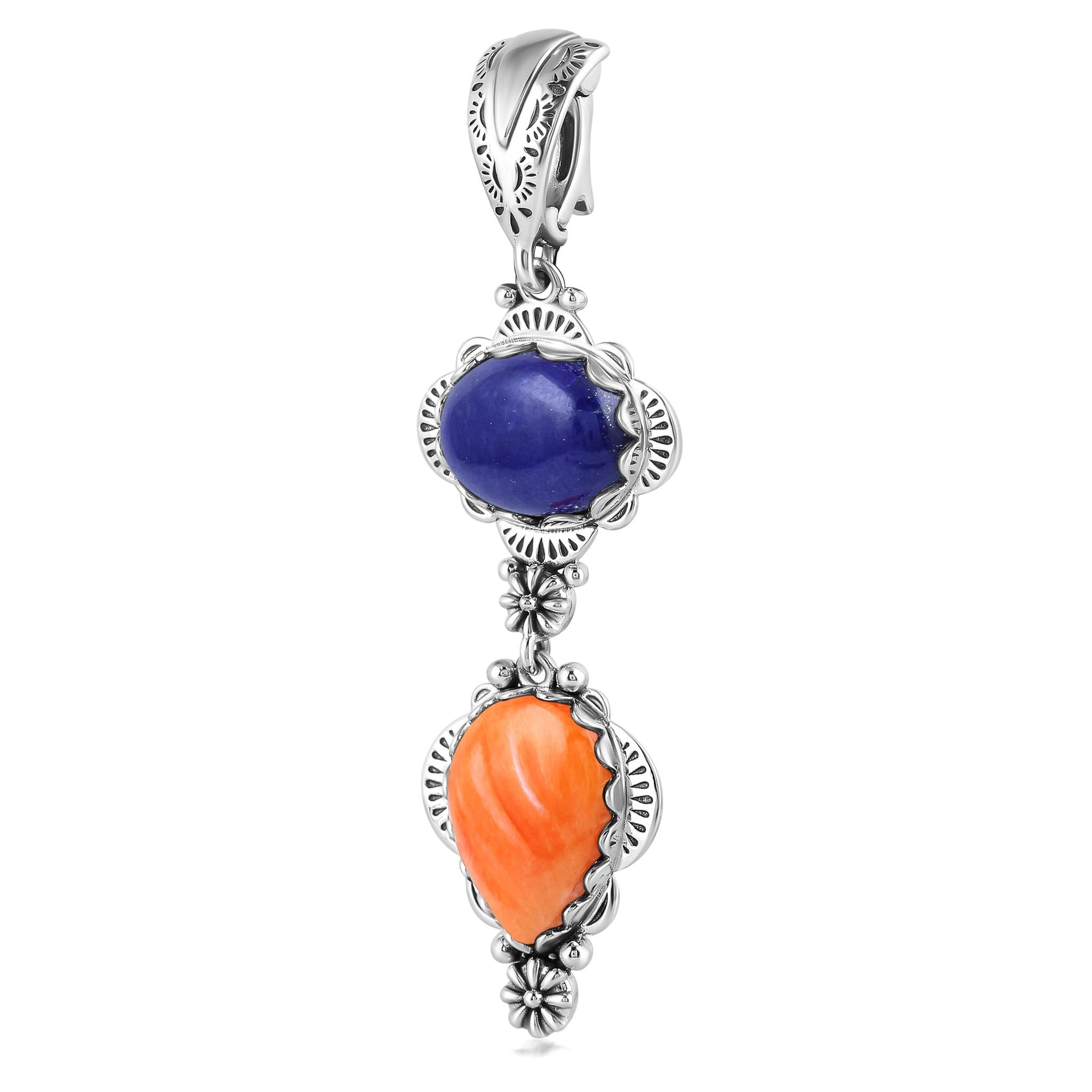 Sterling Silver Pear and Oval Lapis and Orange Spiny Oyster Linear Pendant Enhancer 