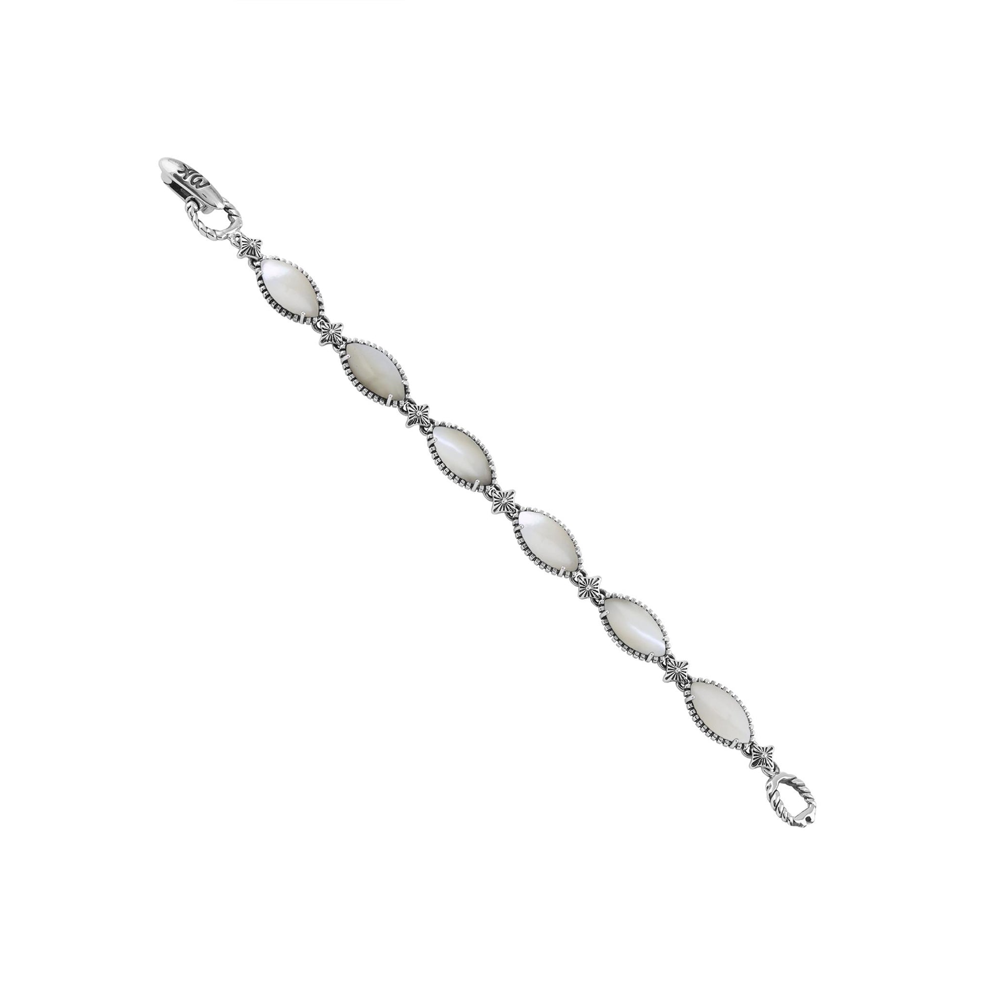  Sterling Silver White Mother of Pearl Marquise Cut Link Bracelet