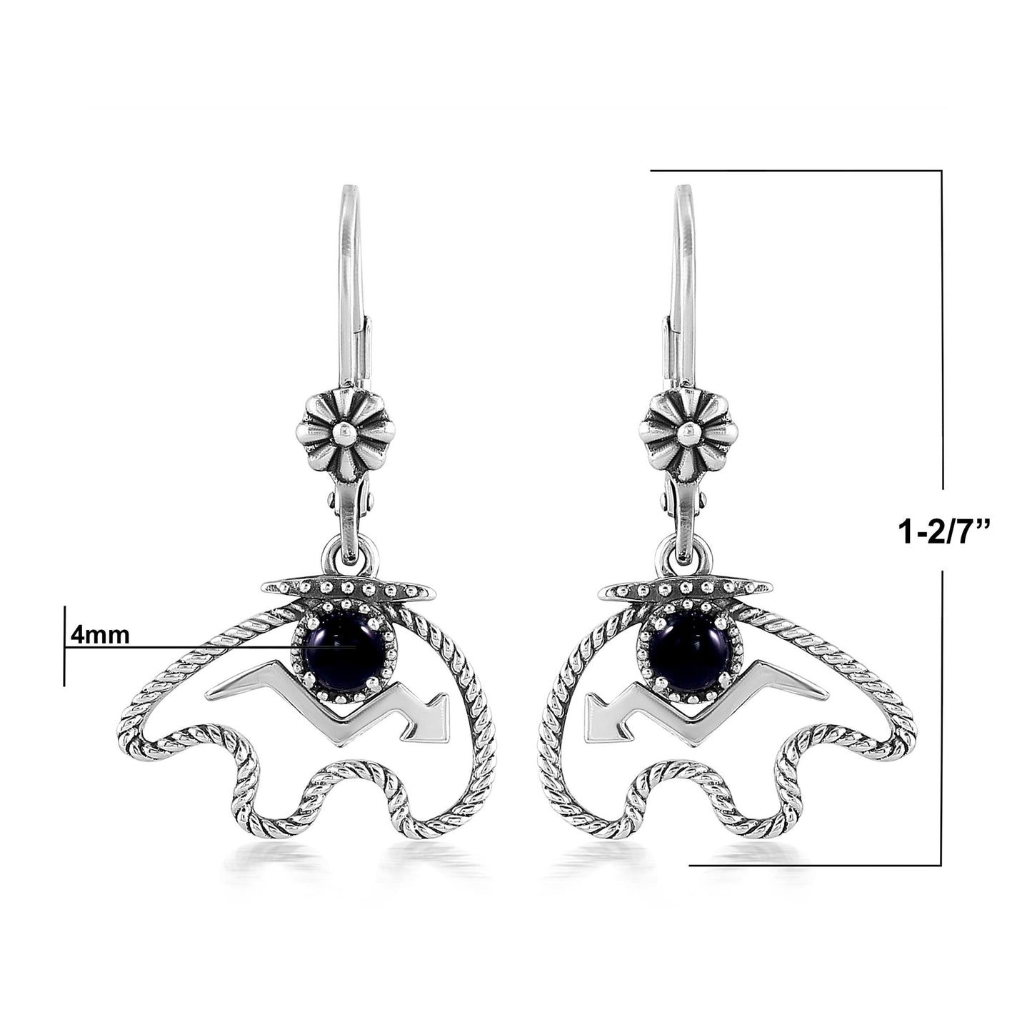 Sterling Silver Black Agate Bear Lever Back Earrings