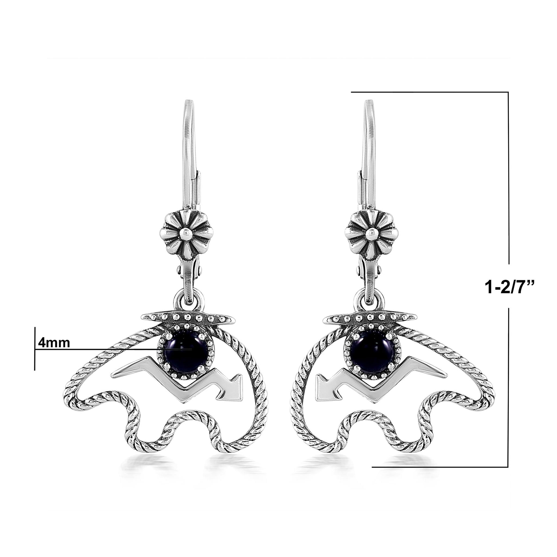 Sterling Silver Black Agate Bear Lever Back Earrings