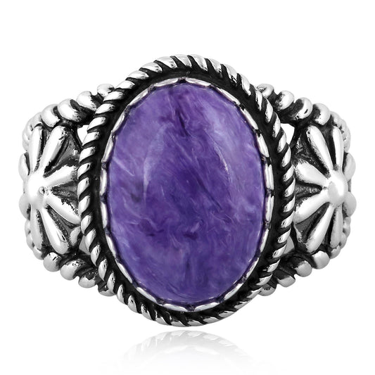 EXCLUSIVELY OURS! Sterling Silver Charoite Concha Flower Ring, Sizes 5 to 10