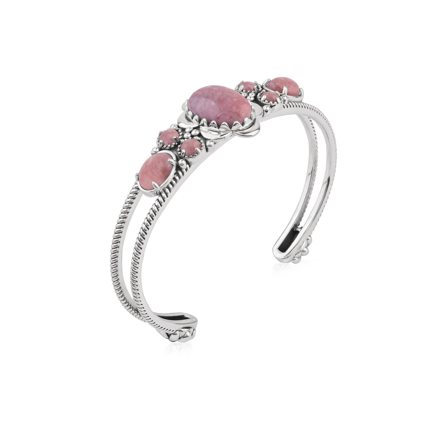  Sterling Silver Rhodonite Oval and Round Open Cuff Bracelet