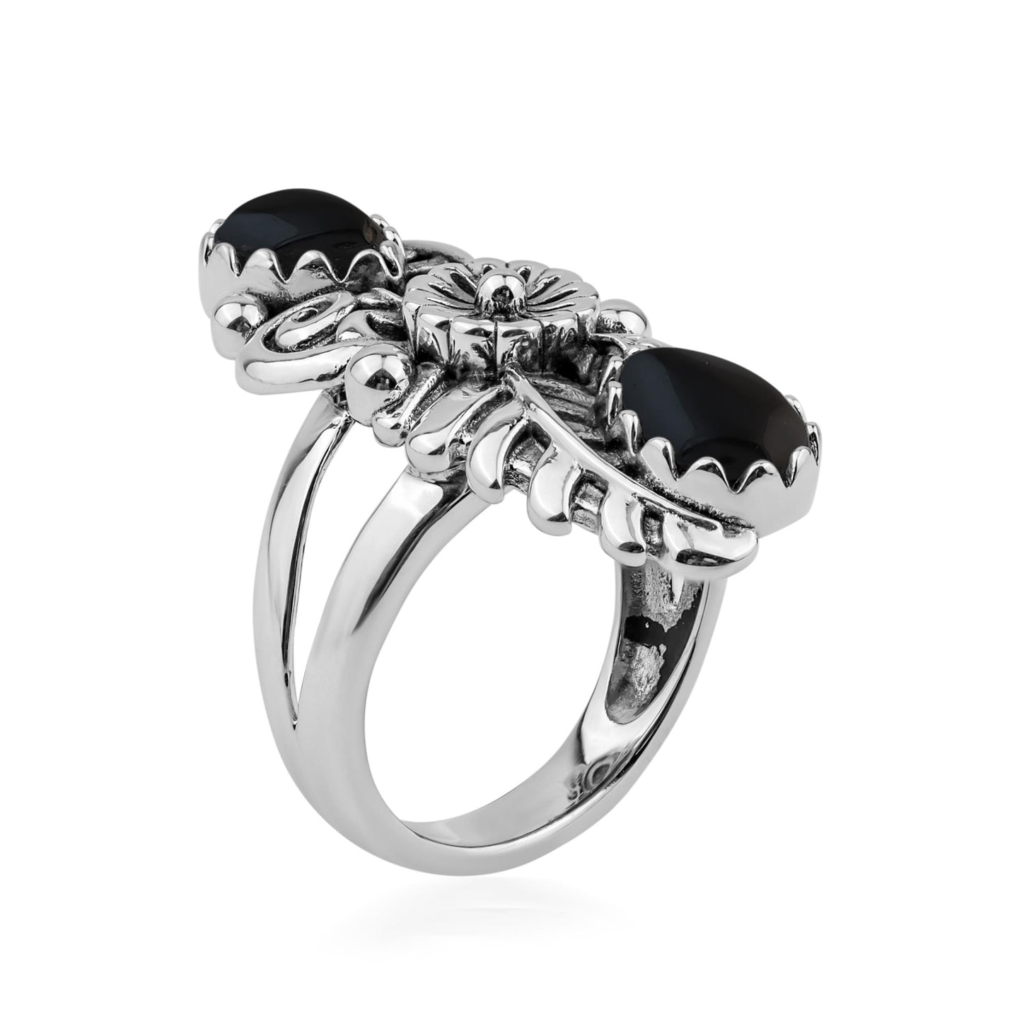  Sterling Silver Black Onyx Pear-Cut Leaf and Flower Ring 
