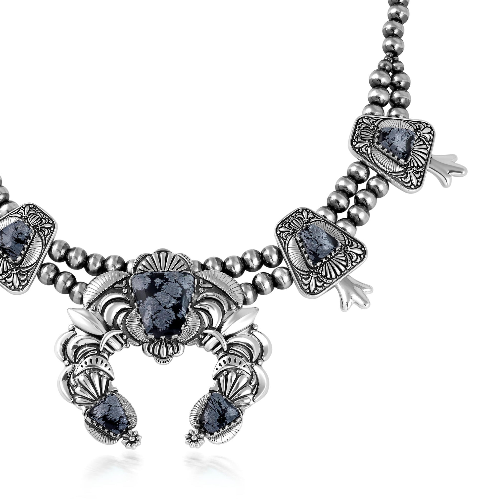 LIMITED EDITION! Sterling Silver Snowflake Obsidian Trapezoid Squash Blossom Necklace