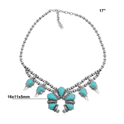 Sterling Silver Kingman Turquoise Pear Gemstone Squash Blossom Necklace, 17 to 20 Inches