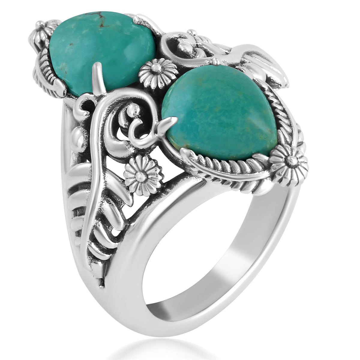 Sterling Silver Green Turquoise Double-Pear Ring, Sizes 5 to 11