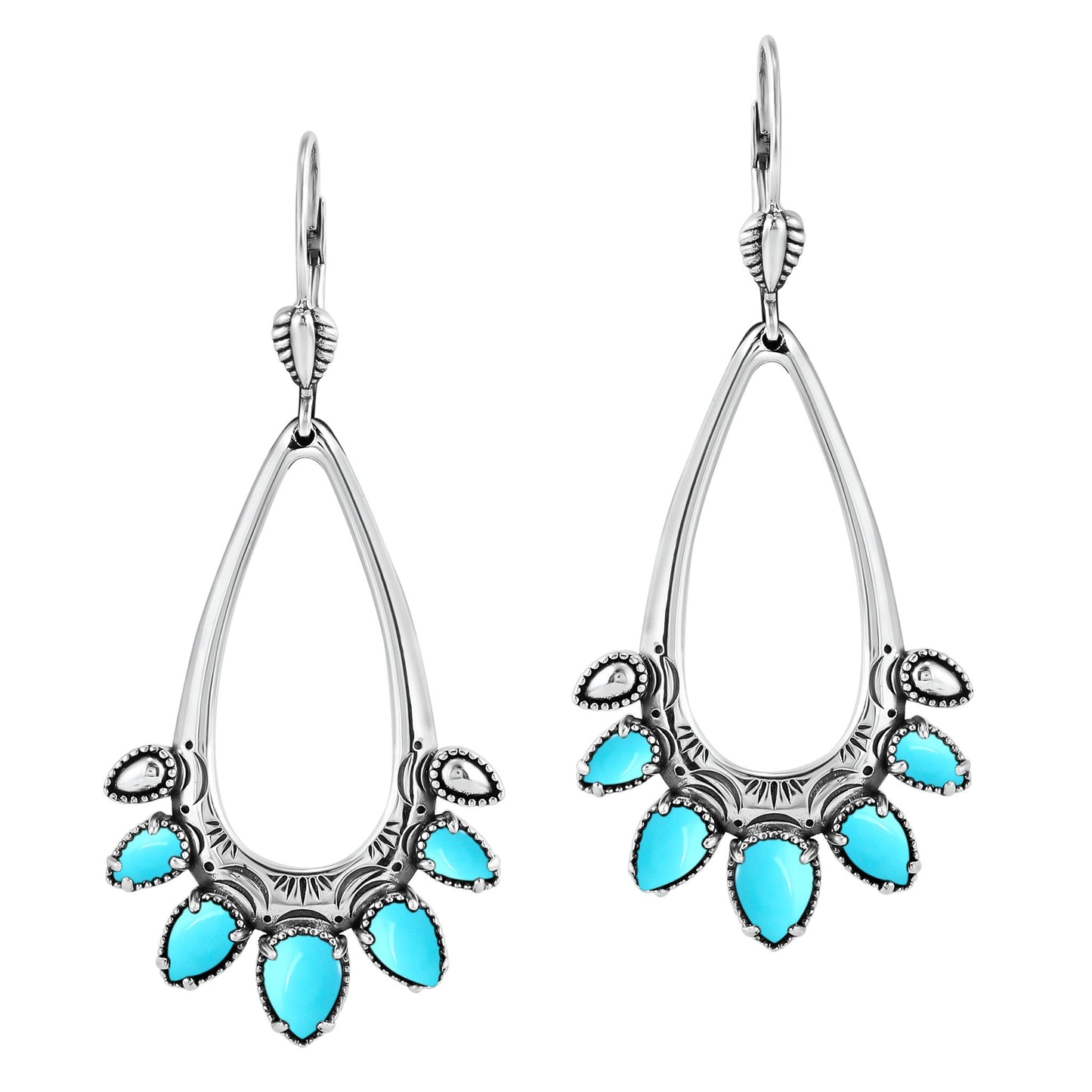 Sterling Silver Sleeping Beauty Turquoise Open Pear Gemstone Lever Back Earrings