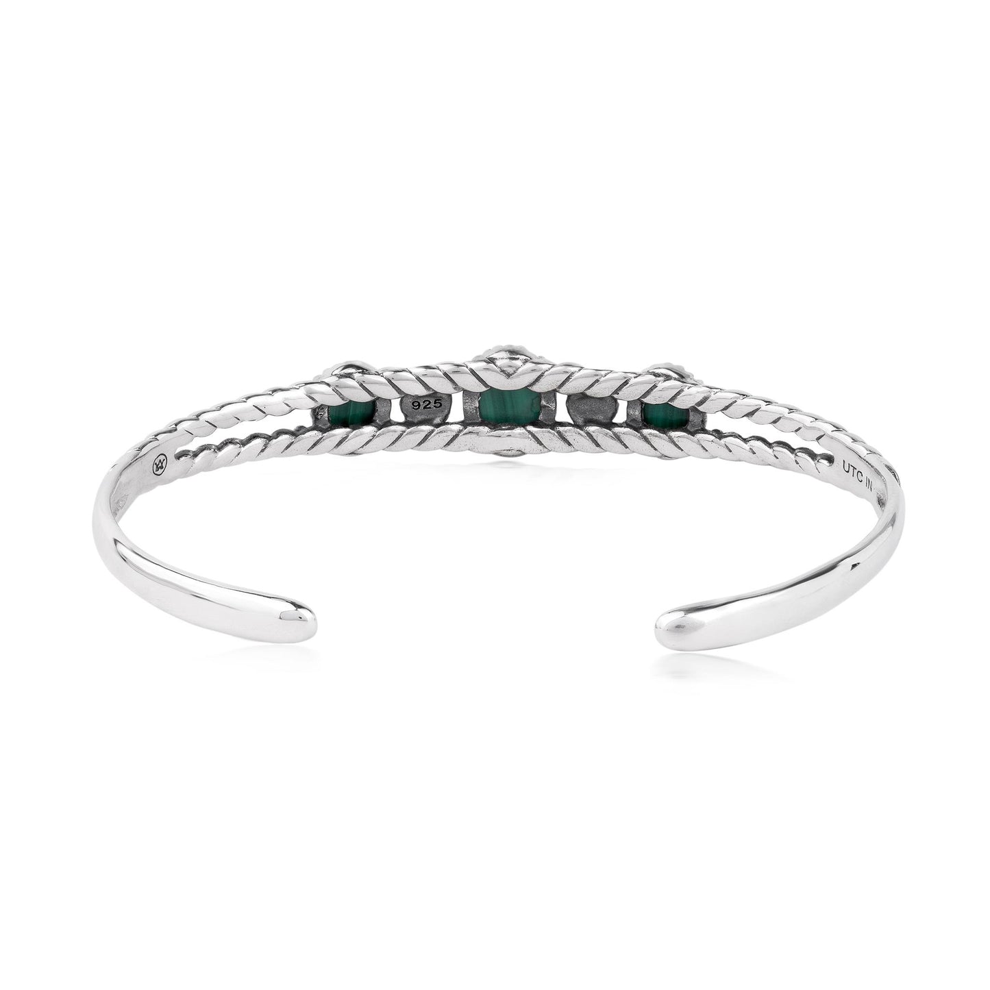 EXCLUSIVELY OURS! Sterling Silver Malachite Oval Rope Friendship Cuff Bracelet, Sizes Small to Large