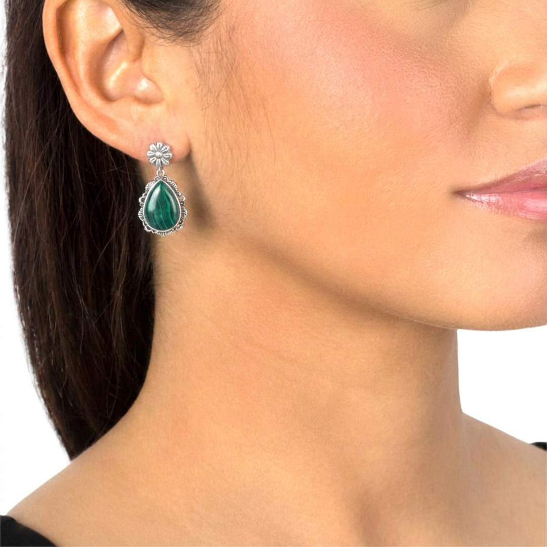  Sterling Silver Malachite Pear-Cut Concha Dangle Earrings