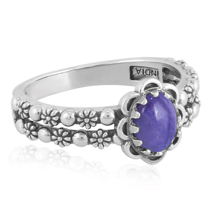 EXCLUSIVELY OURS! Sterling Silver Charoite Double Row Concha Flower Ring