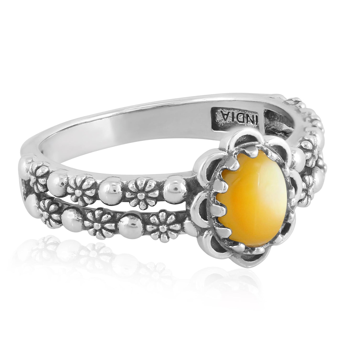 Sterling Silver Yellow Mother of Pearl Double Row Concha Flower Ring