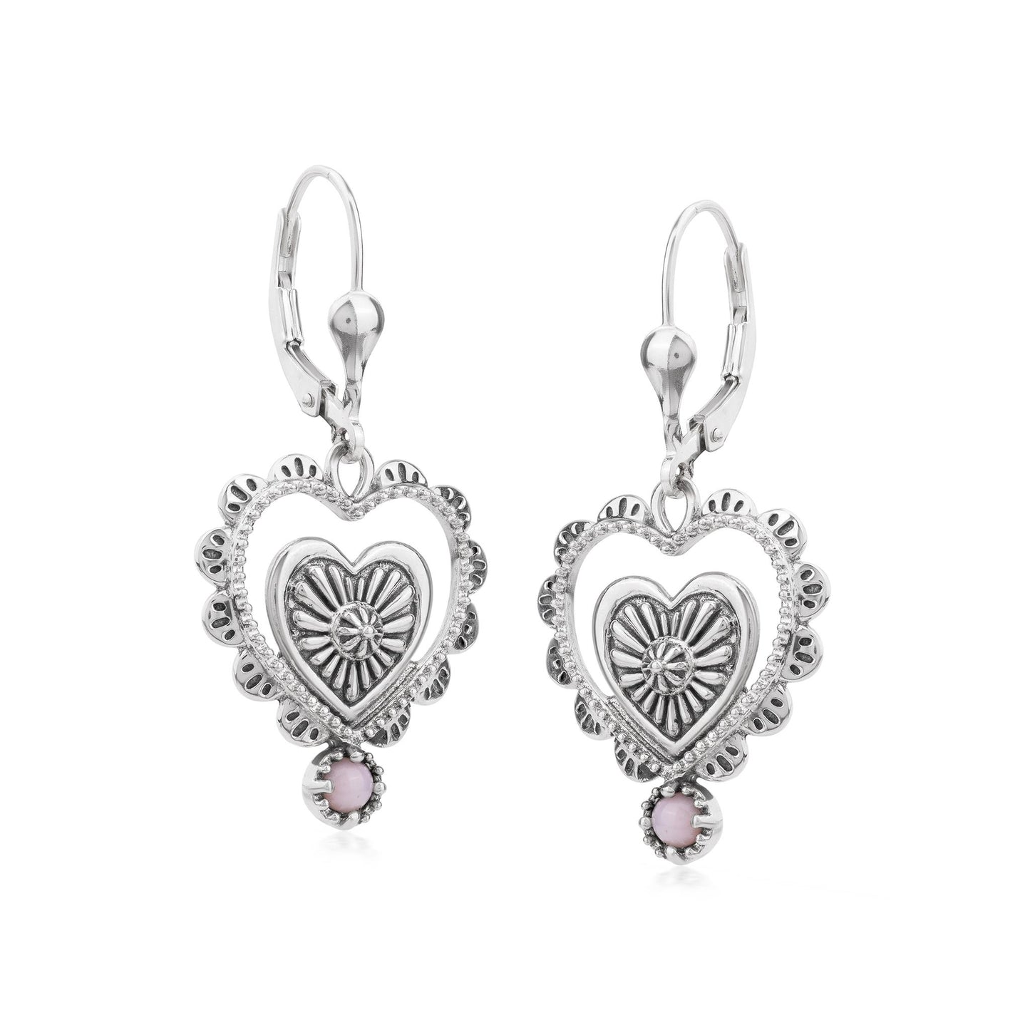 EXCLUSIVELY OURS! Sterling Silver Pink Opal Concha Heart Lever Back Earrings