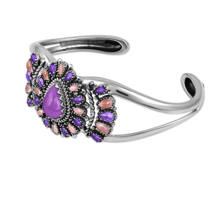 Sterling Silver Phosphosiderite, Rhodochrosite and Amethyst Pear-Shaped Cluster Cuff Bracelet