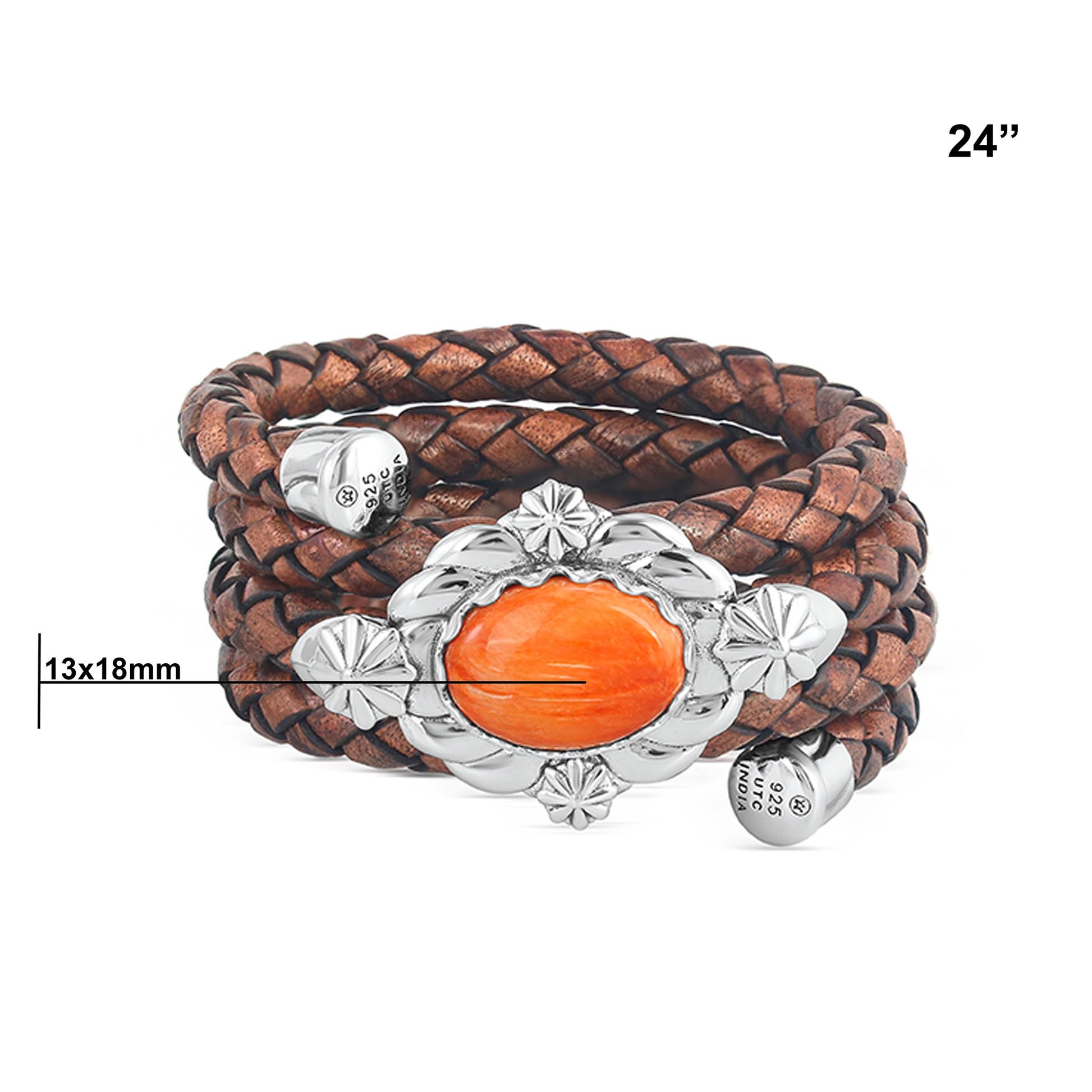 Sterling Silver Orange Spiny Oyster Antique Red-Brown Braided Leather Coil Wrap Bracelet, 24 Inches