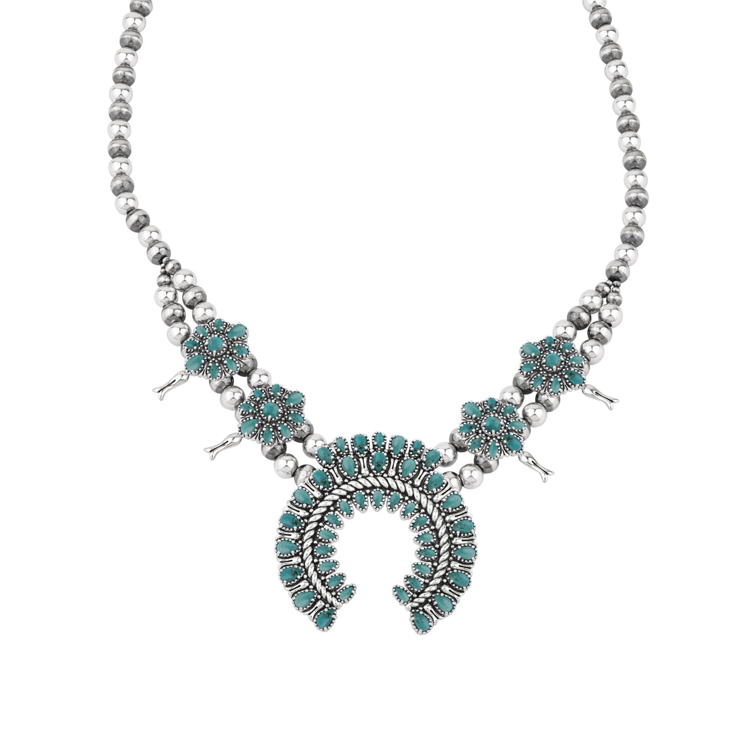 Sterling Silver Green Turquoise Petit Point Naja Squash Blossom Necklace