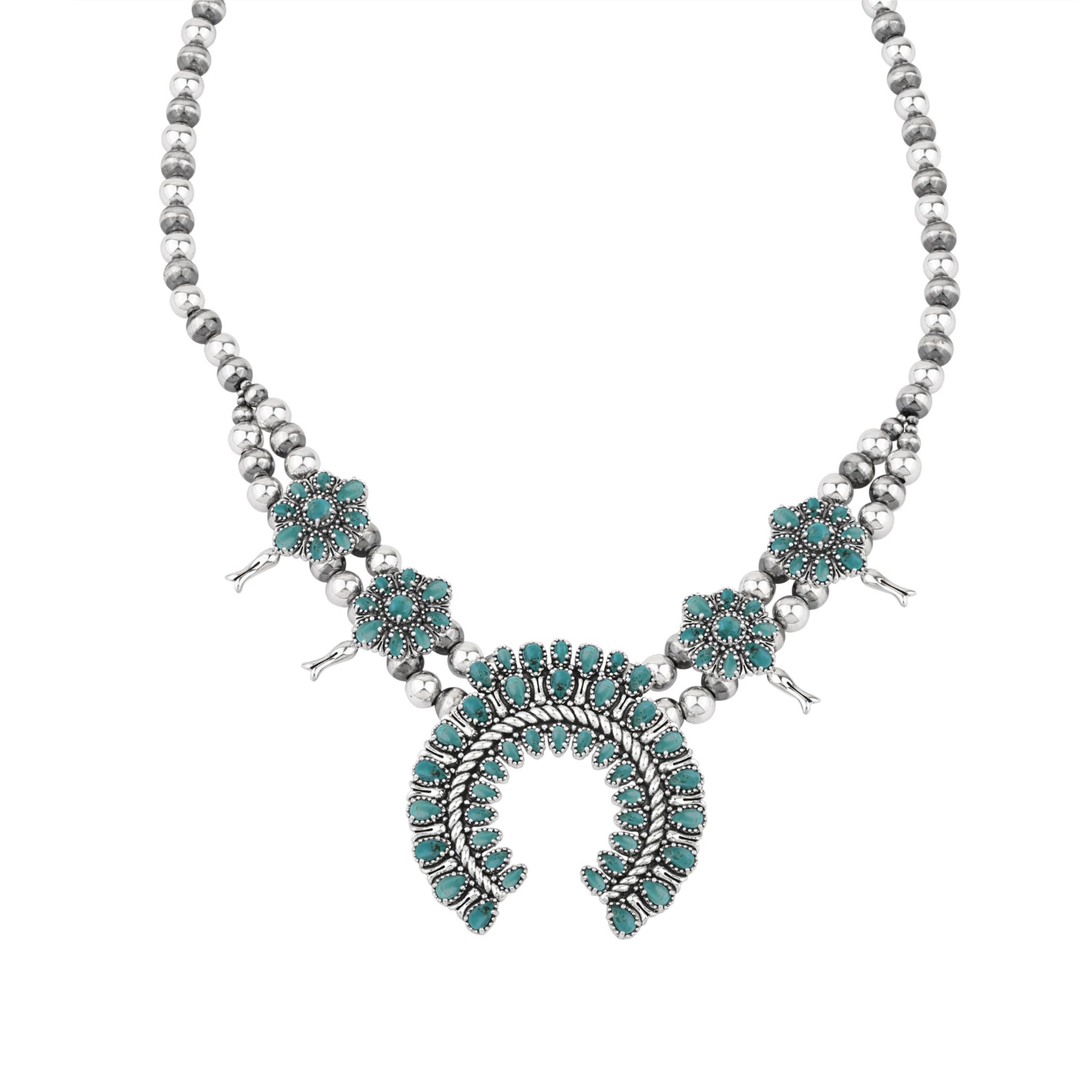 Sterling Silver Green Turquoise Petit Point Naja Squash Blossom Necklace