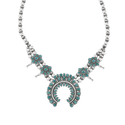  Sterling Silver Green Turquoise Petit Point Naja Squash Blossom Necklace