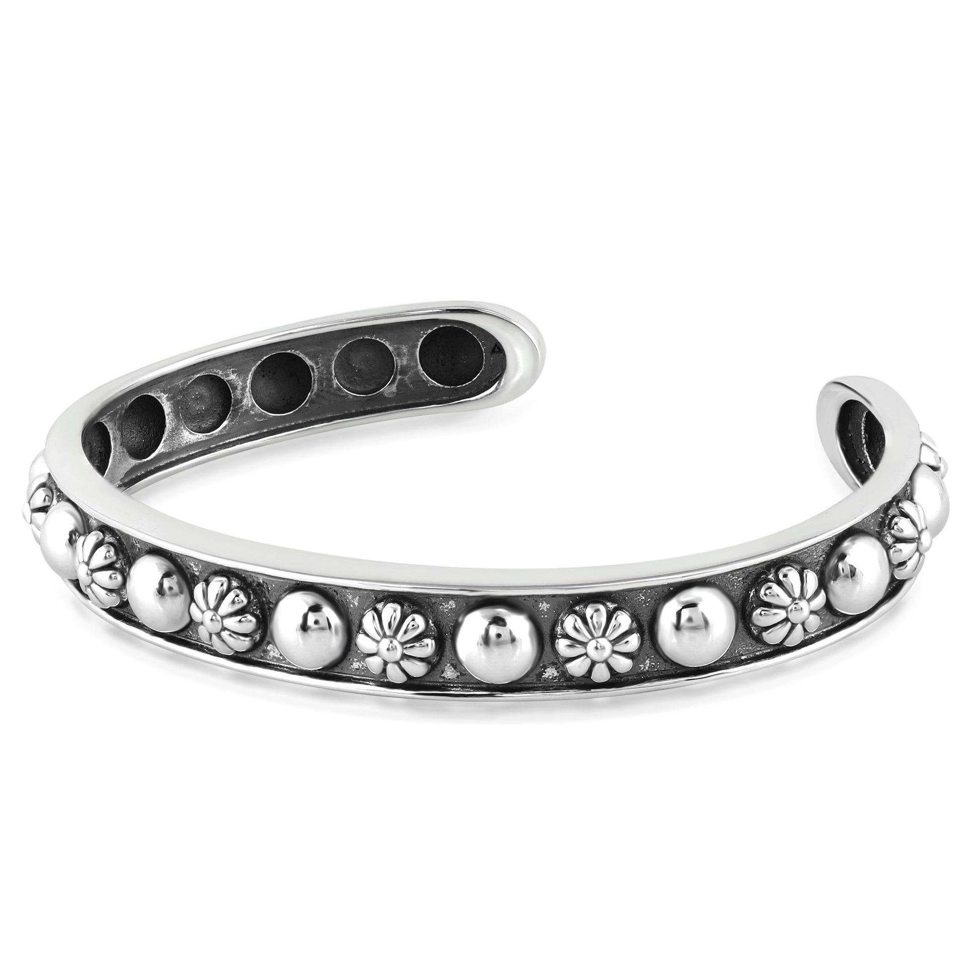 Sterling Silver Concha Flower and Bead Narrow Cuff Bracelet