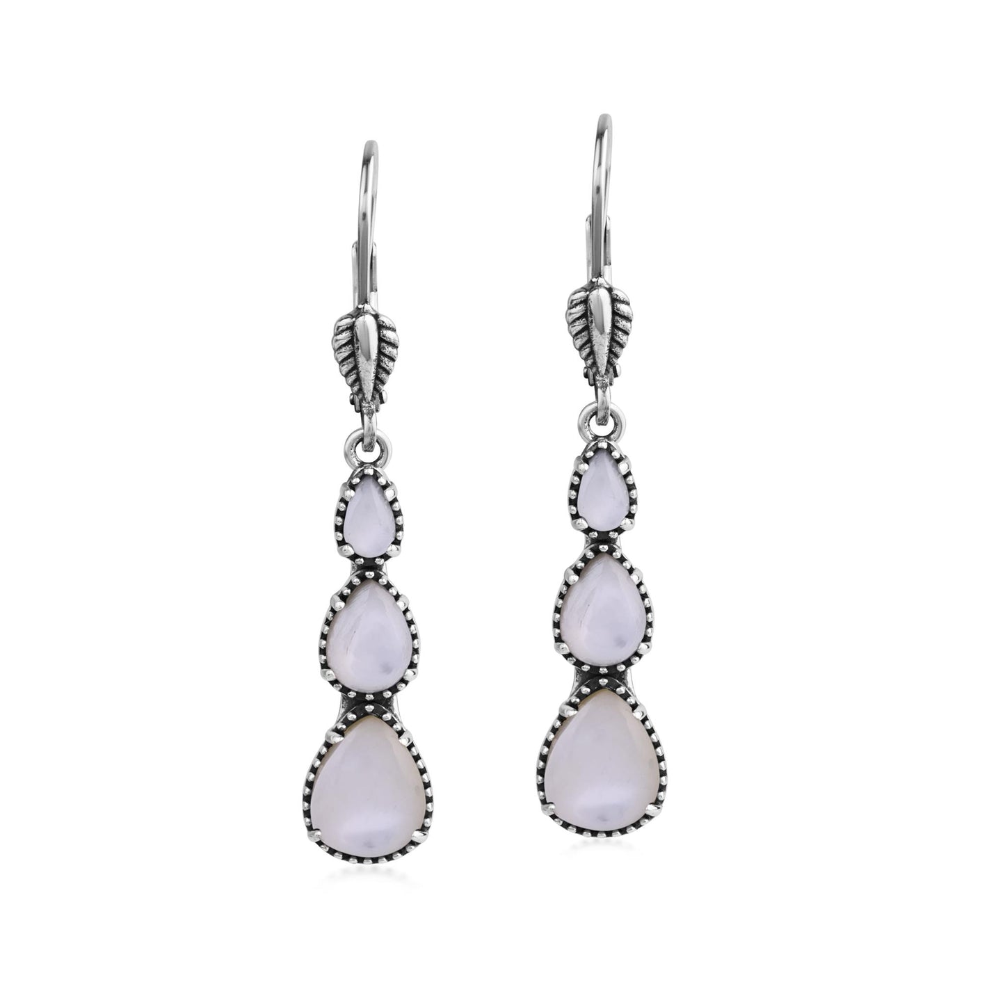  Sterling Silver White Mother of Pearl 3-Pear Drop Lever Back Earrings