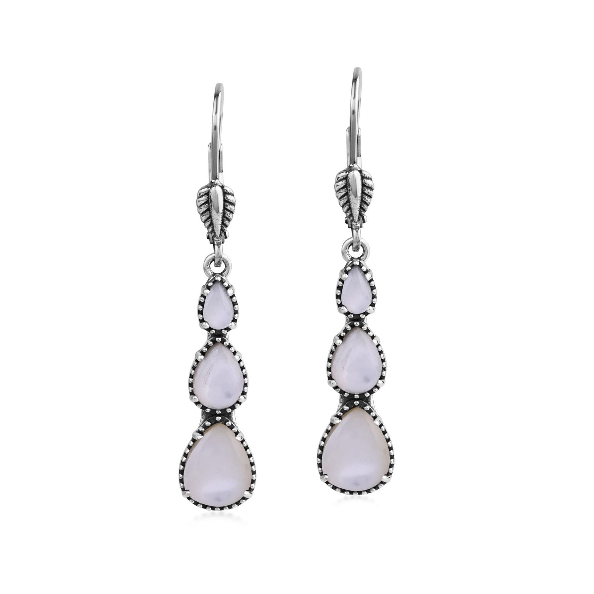  Sterling Silver White Mother of Pearl 3-Pear Drop Lever Back Earrings