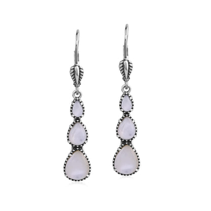  Sterling Silver White Mother of Pearl 3-Pear Drop Lever Back Earrings